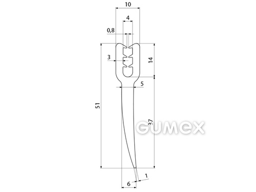 "U" Silikonprofil mit Wimpel, 51x10/4mm, 60°ShA, -60°C/+180°C, weiß, 